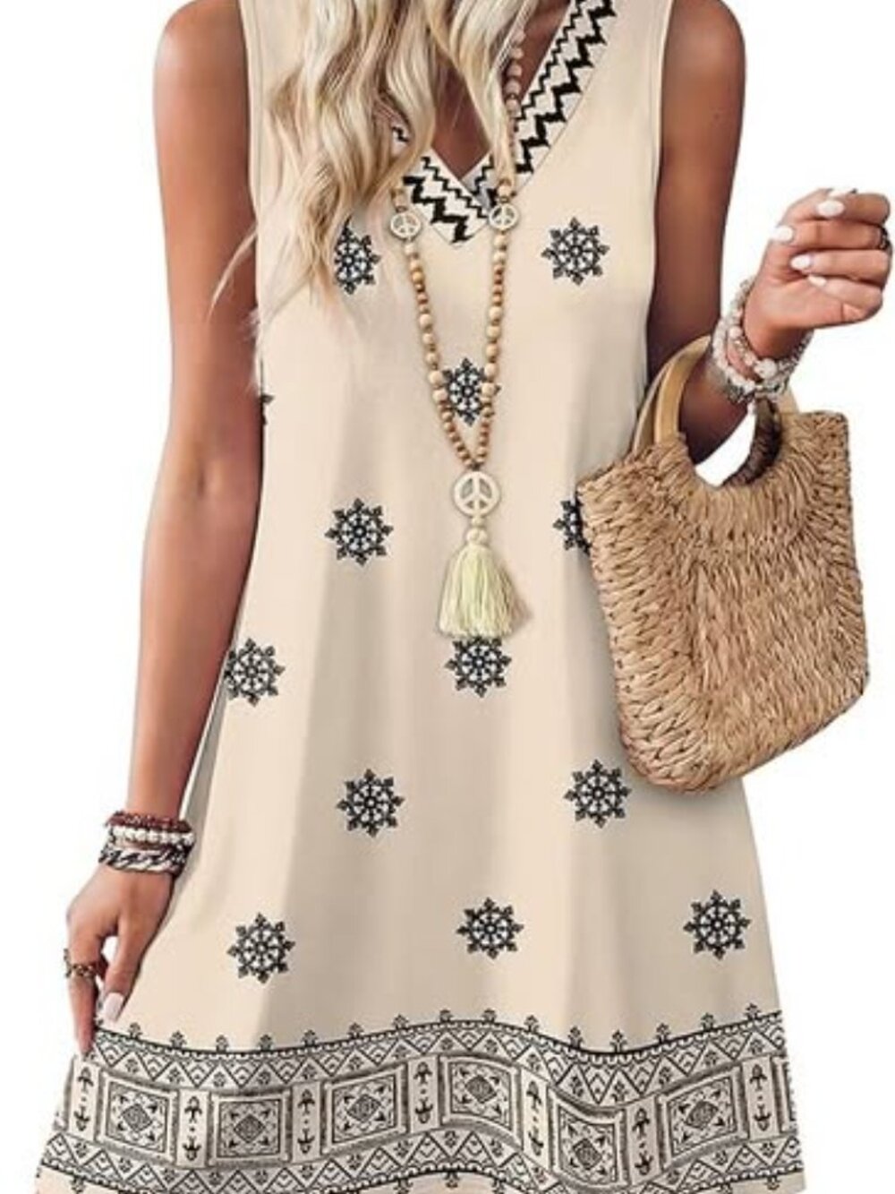 Wiholl Beige Printed Sleeveless Shift Dress M NWT Boho Pocket V-Neck